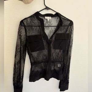 Black lace blouses pocket details slim fit